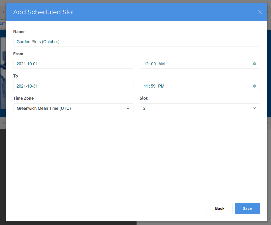 Screenshot of slot time scheduler